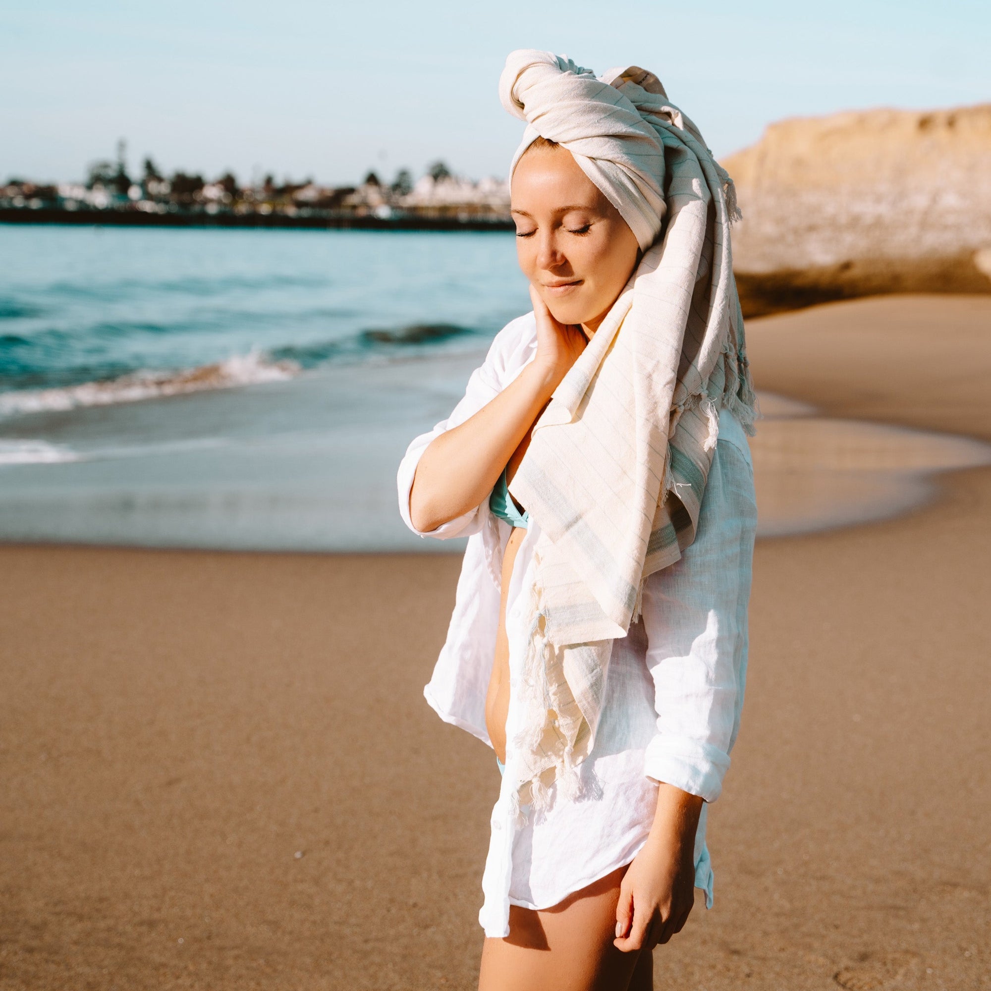 Kumsal handwoven Turkish towel as a hair towel.