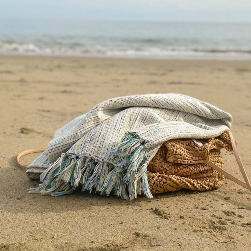 Turkish handwoven towel with blue stripes.
