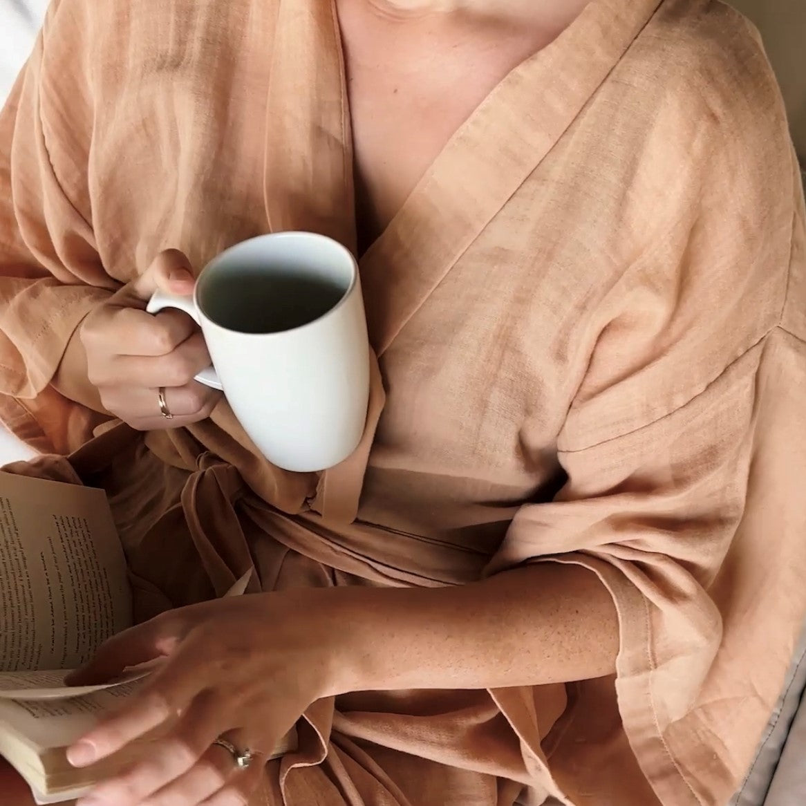 Ela organic cotton kimono as loungewear.