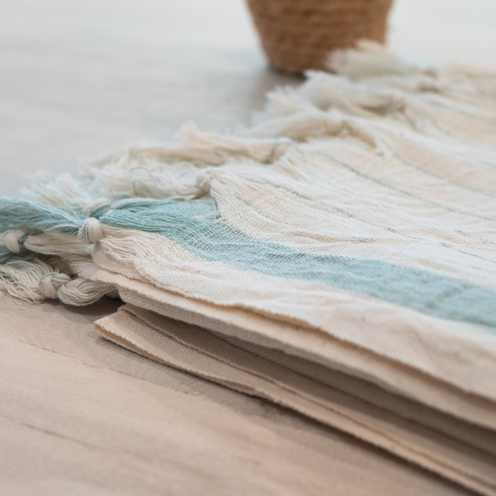 Handwoven premium Turkish towel with sea foam color stripes.
