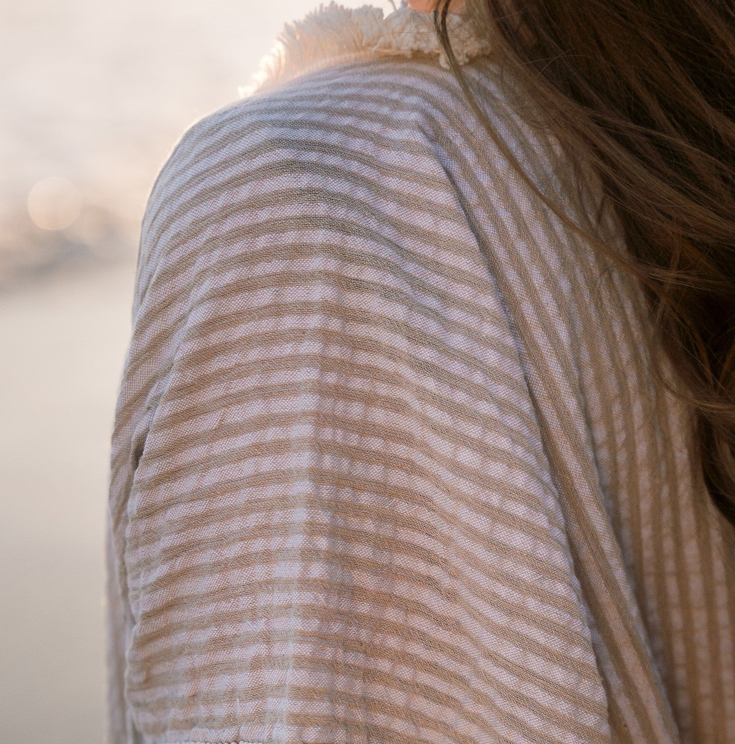 Lydia cotton kaftan with taupe brown and white stripes.