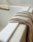 Cotton linen blend handwoven Turkish towel with gray stripes.