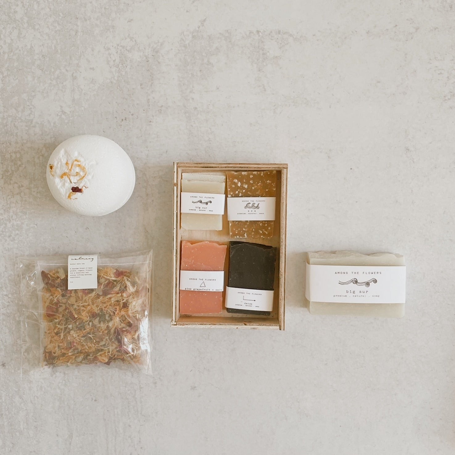 Bar soap, bath bomb, bath tea, bar soap sample set from Among the Flowers.