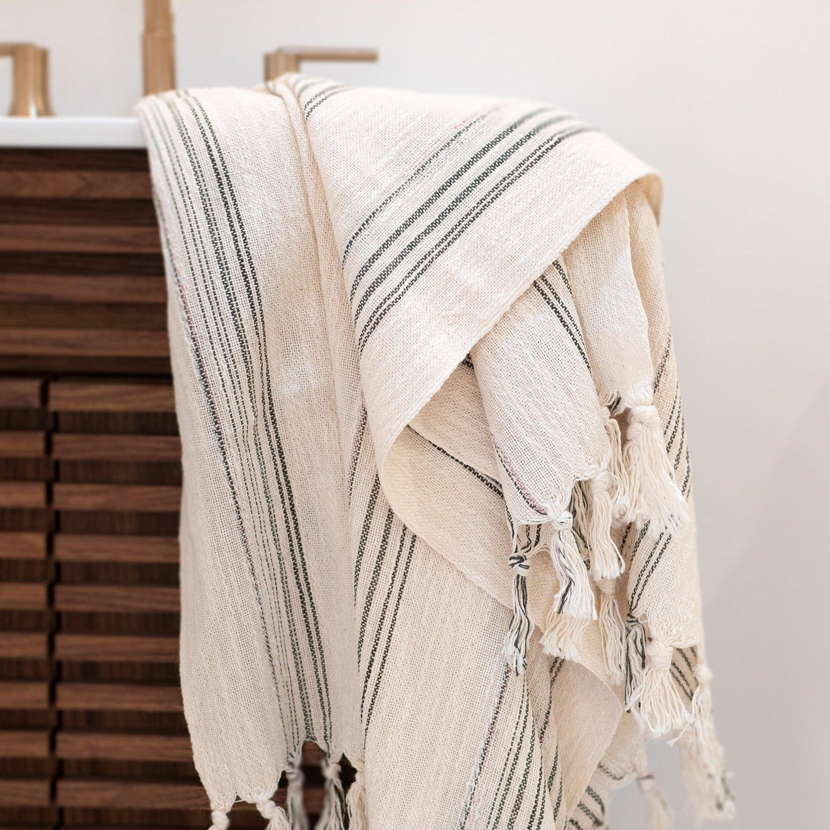 Cotton linen blend Turkish towel with gray thin stripes.