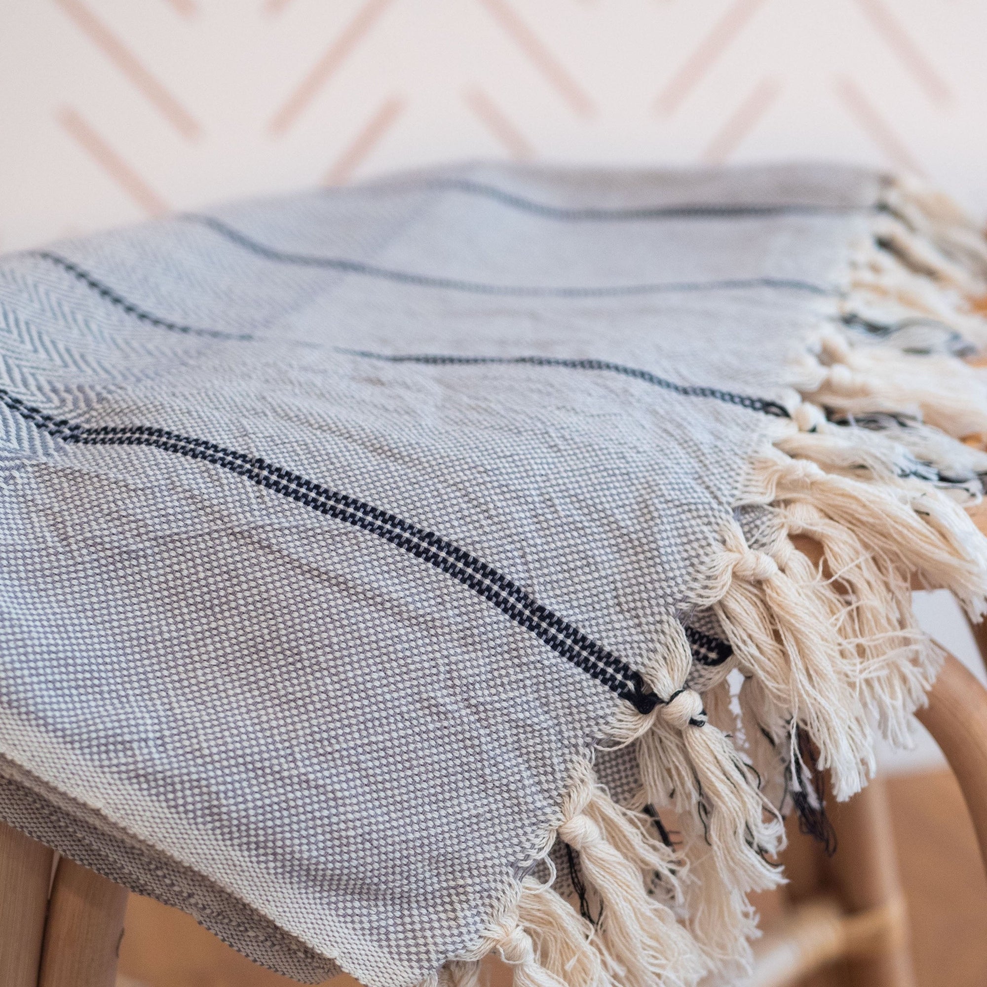 Gray herringbone pattern Turkish towel.