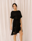 Black, soft cotton resort dress with belt.